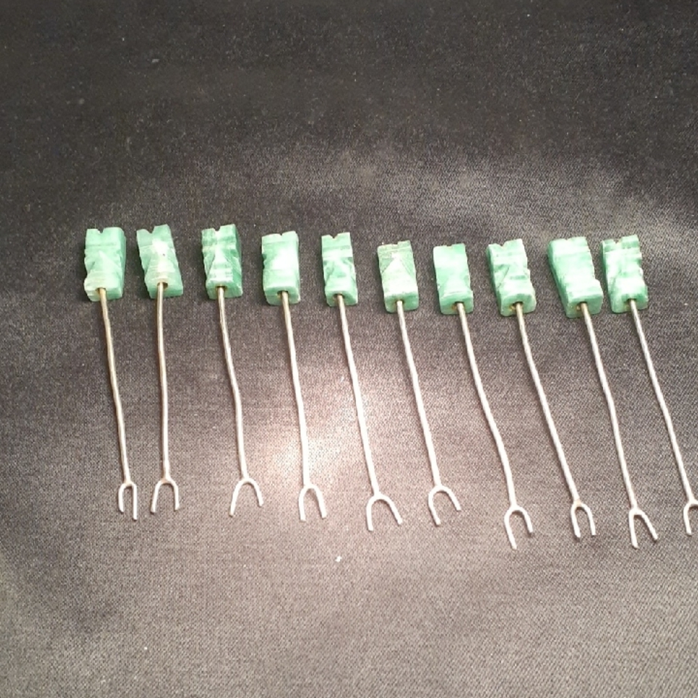 Vtg Silver/Jade appetizer/cocktail forks. Set of 10. Carved Mayan Aztec Party